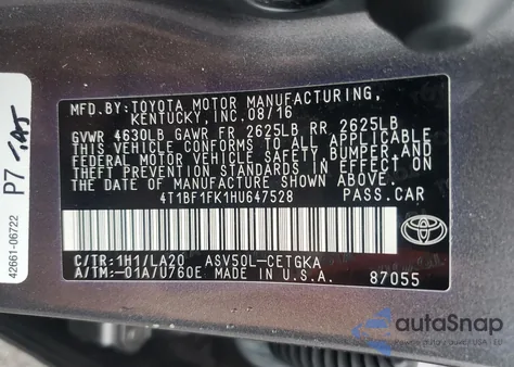 2017 Toyota Camry Le from USA, damaged, VIN 4T1BF1FK1HU647528